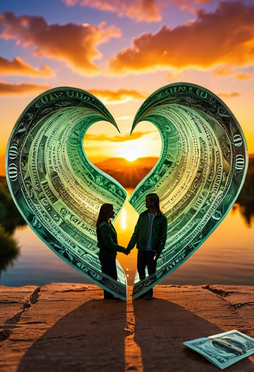 A visual representation of two intertwined hearts, one made of vibrant dollar bills and the other of insurance documents, symbolizing the emotional and financial connections in relationships. In the background, a warm sunset casts a golden glow over a diverse couple discussing their plans, showcasing trust and collaboration. The overall composition should evoke a sense of partnership and support. vibrant colors. super-realistic.