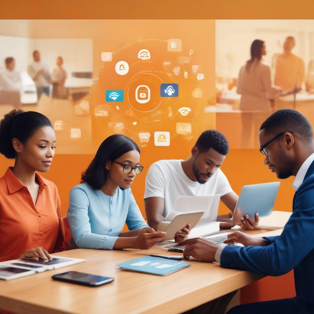 A modern digital collage featuring a diverse group of people engaging with their devices while browsing insurance options online. Overlay visual elements like data security symbols and various types of insurance icons (health, auto, home, cyber) subtly integrated into the background, symbolizing the new digital landscape of insurance. Warm color tones to evoke trust and security. super-realistic. vibrant colors. digital art.